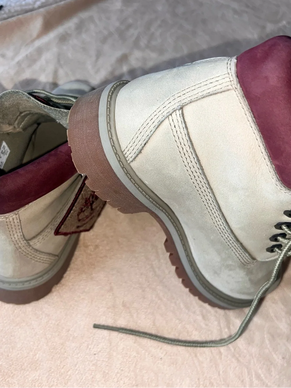 Kids size 13c Timberland Beige Boots with Maroon / Burgundy color Accents